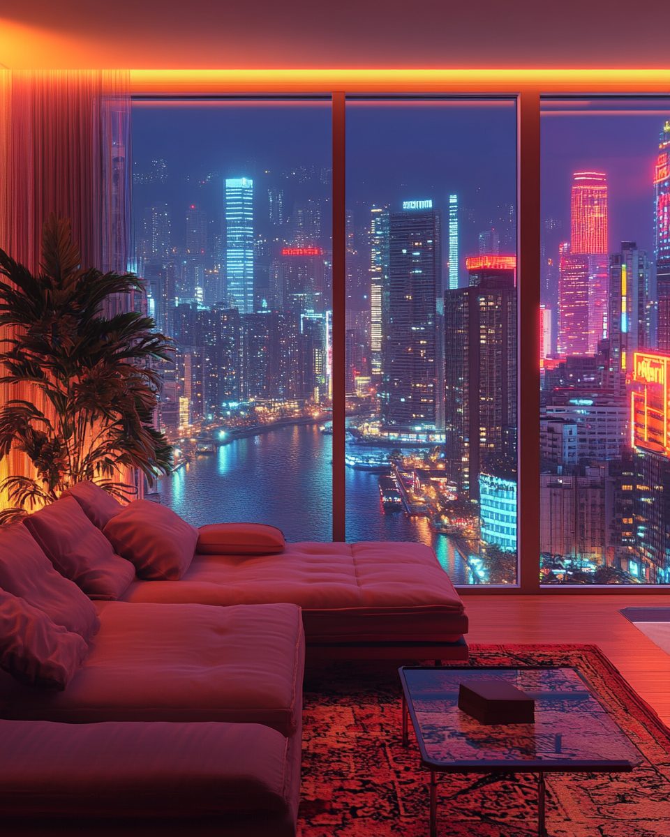 Cyberpunk Apartment Living Room with a Waterfront View