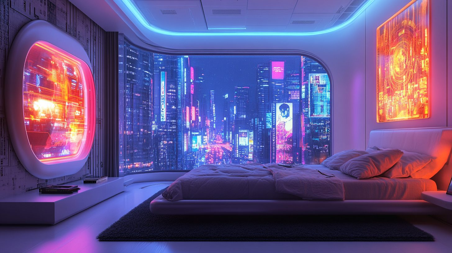 Cyberpunk Bedroom Interior with a Colorful Cityscape View