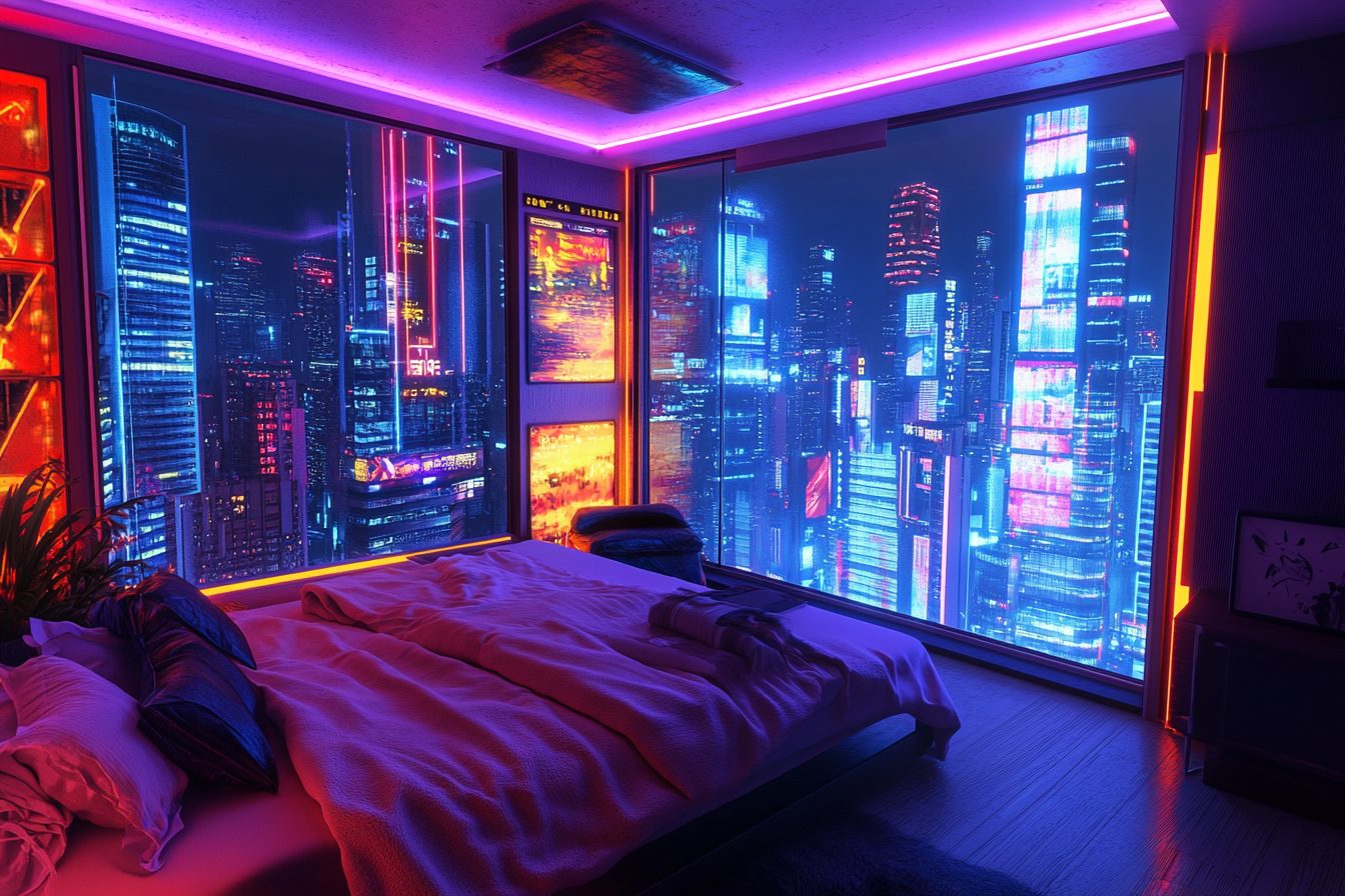 Cyberpunk Bedroom Interior with a Colorful Cityscape View