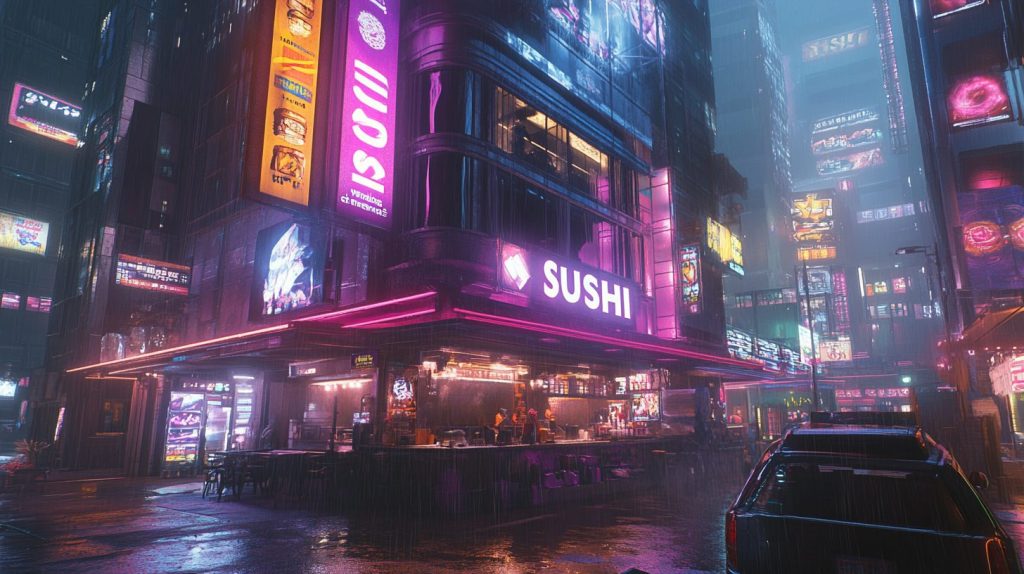 Cyberpunk City Sushi Restaurants AI Artwork 3