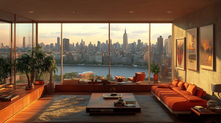 Mid-Century Modern Apartment Interior with a City View