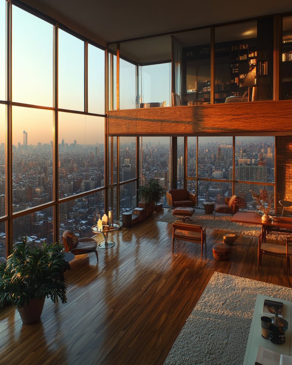 Mid-Century Modern Apartment Interior with a City View