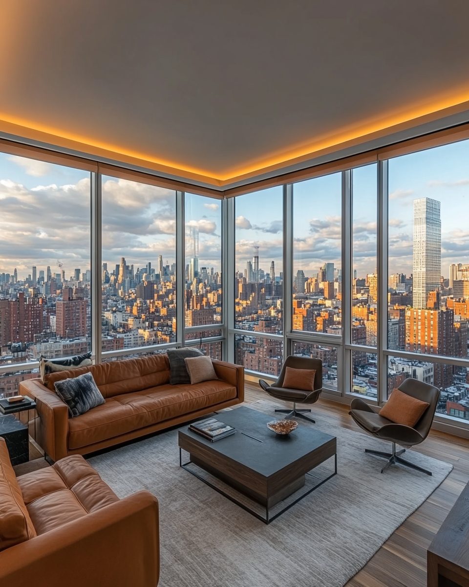 Mid-Century Modern Apartment Interior with a City View
