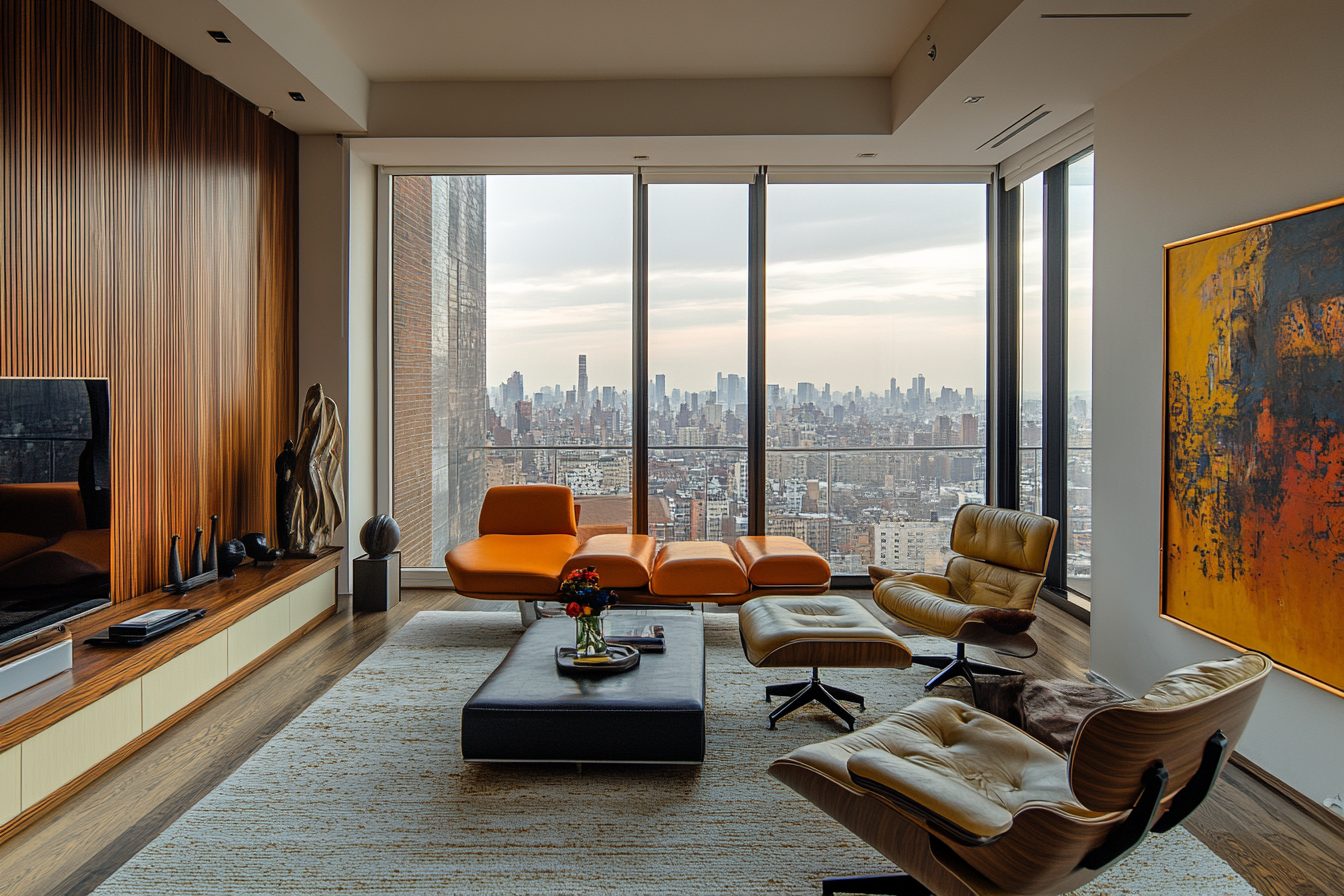 Mid-Century Modern Apartment Interior with a City View