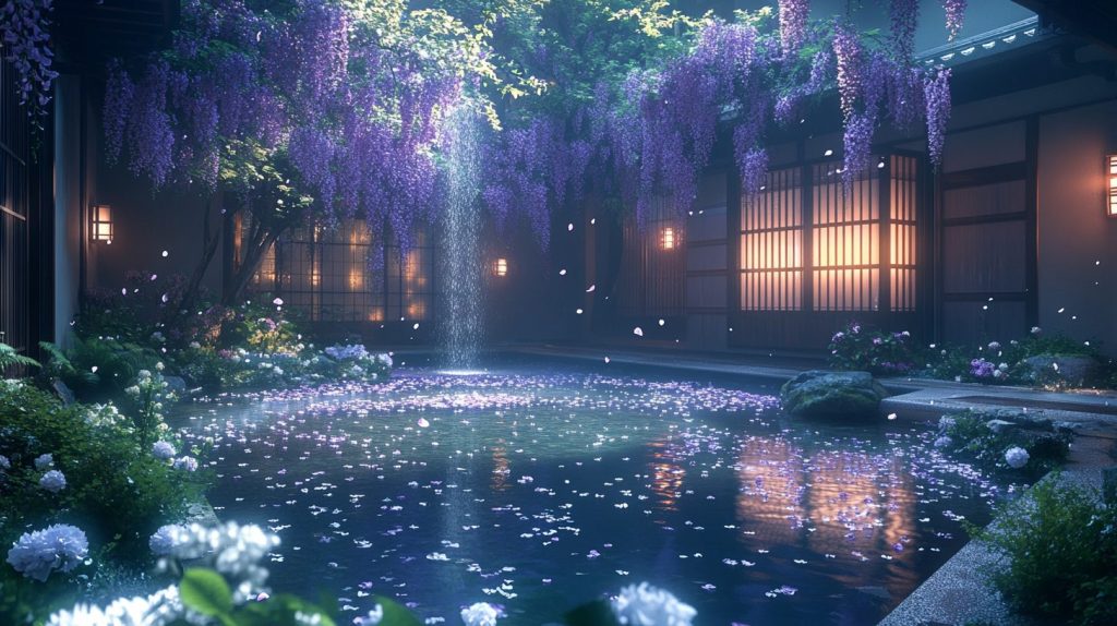 Traditional Japanese Courtyard Garden with Wisteria Trees AI Artwork 5