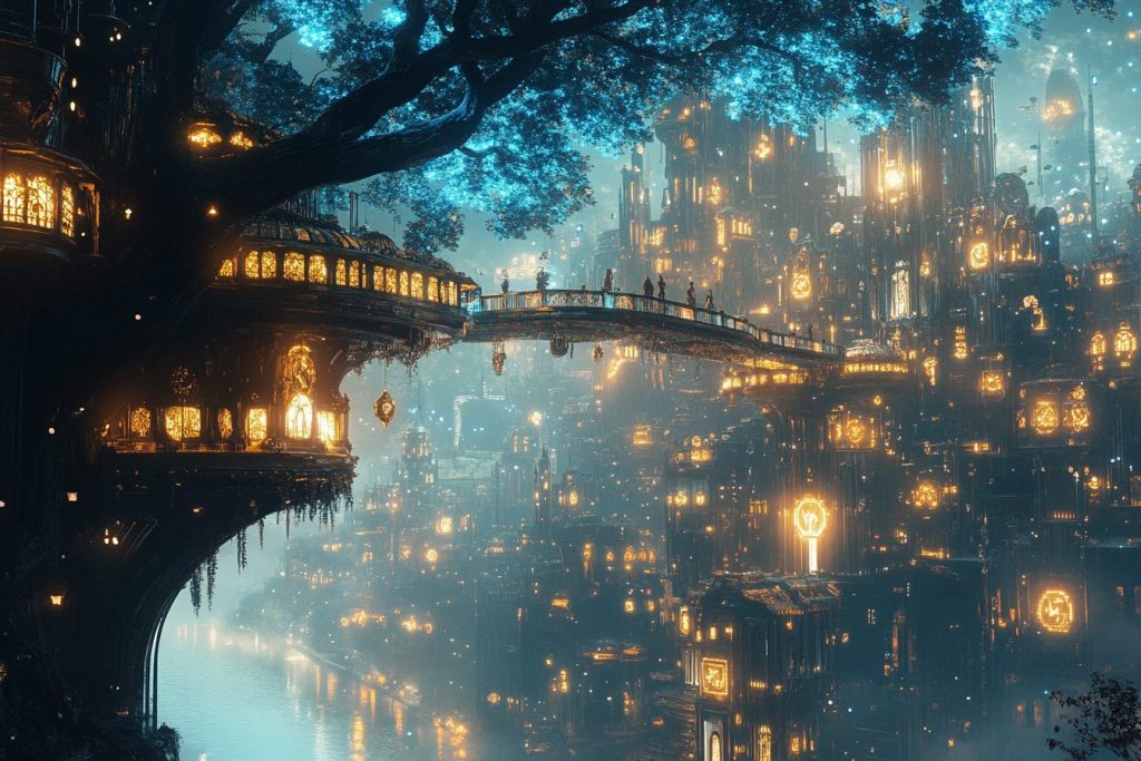 Futuristic Art Deco Buildings with Blue Neon Trees AI Artwork 4