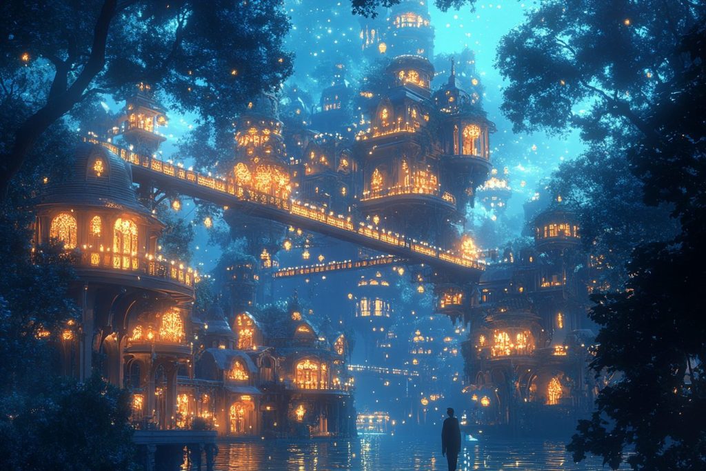 Futuristic Art Deco Buildings with Blue Neon Trees AI Artwork 6