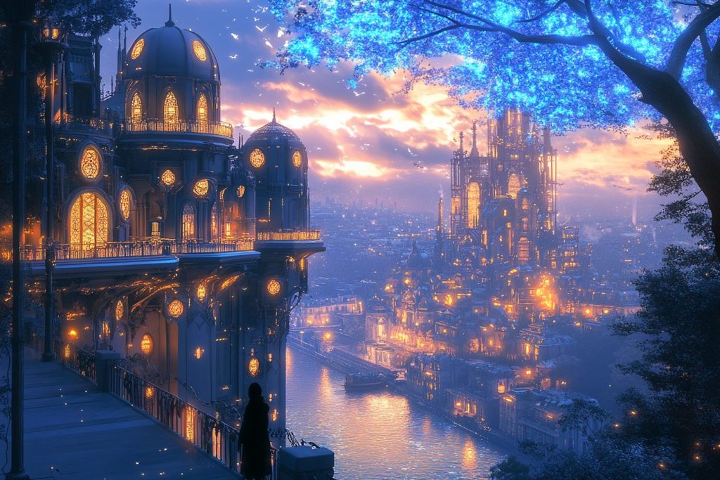 Futuristic Art Deco Buildings with Blue Neon Trees AI Artwork 9