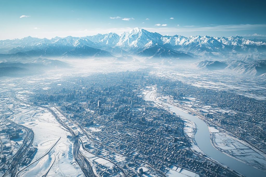 Cityscapes with Snow-Covered Mountains AI Artwork 3
