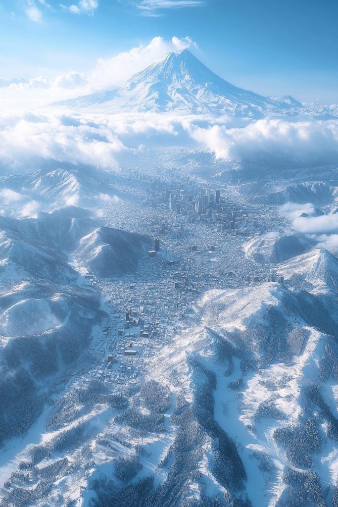 Cityscapes with Snow-Covered Mountains AI Artwork 7