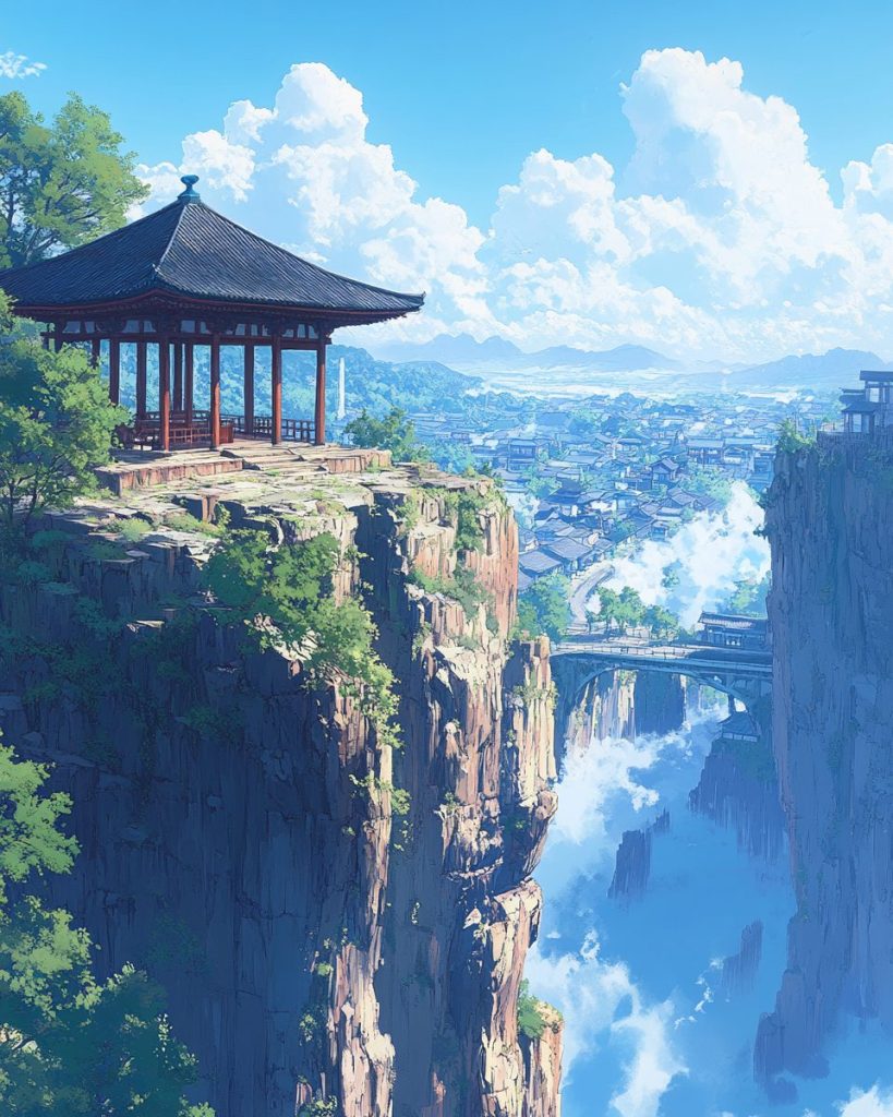 Cliffside Japanese Pavilion with a View - Anime Vibes AI Artwork 10