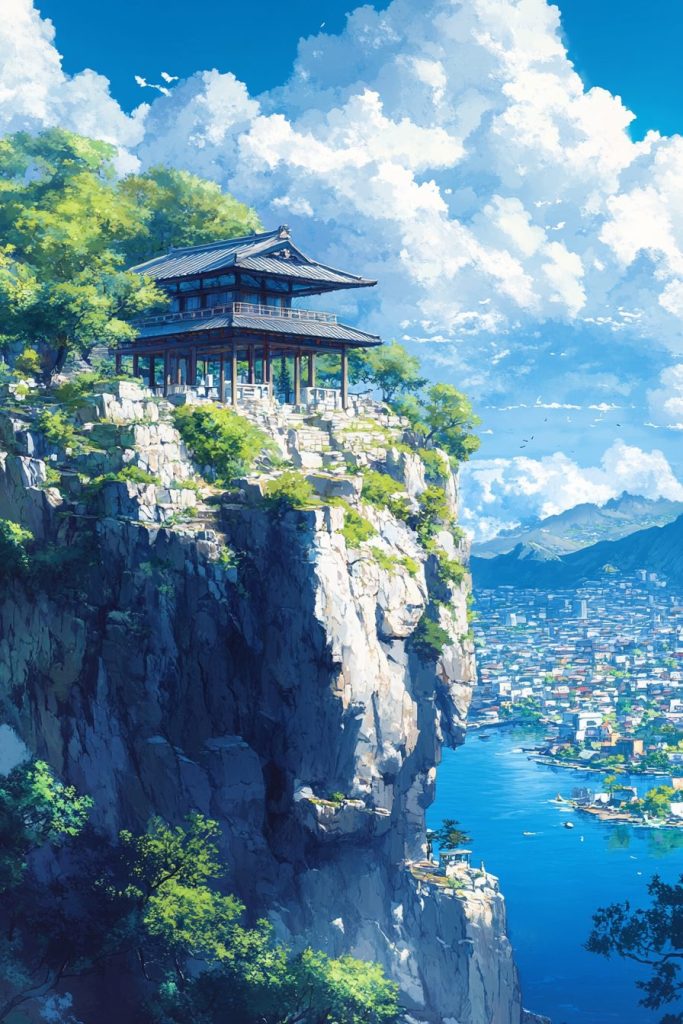 Cliffside Japanese Pavilion with a View - Anime Vibes AI Artwork 4