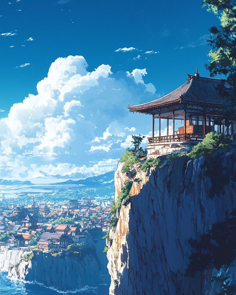 Cliffside Japanese Pavilion with a View - Anime Vibes AI Artwork 5