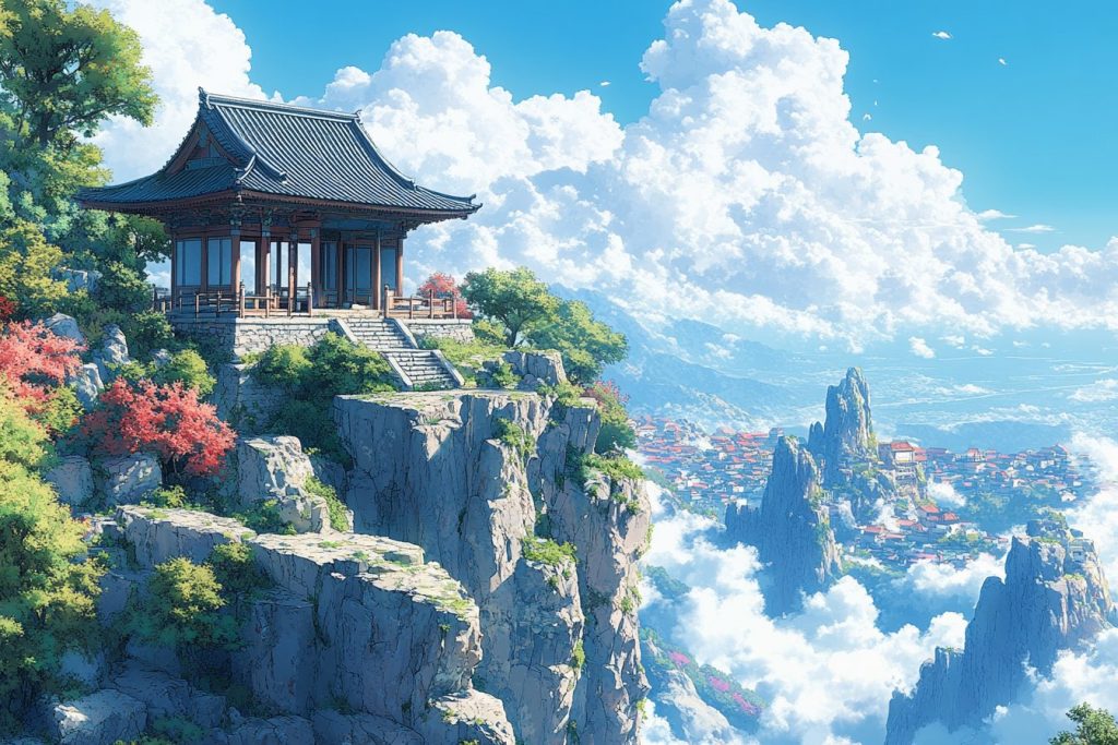 Cliffside Japanese Pavilion with a View - Anime Vibes AI Artwork 8