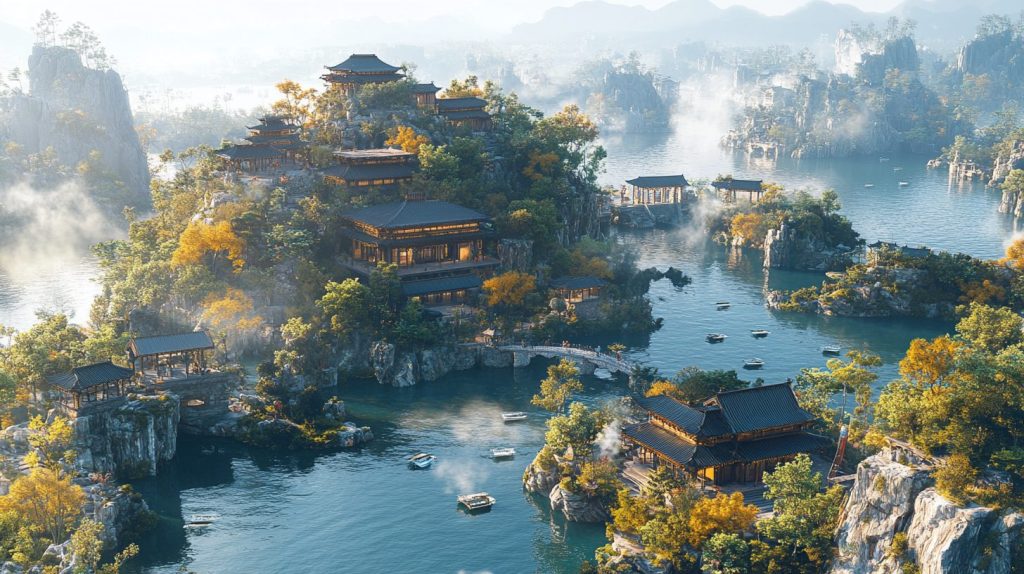 Modern Chinese-Style Houses on Rocky Islets AI Artwork 11