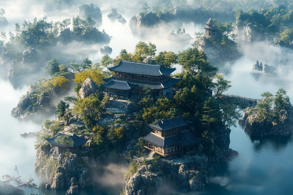 Modern Chinese-Style Houses on Rocky Islets AI Artwork 16