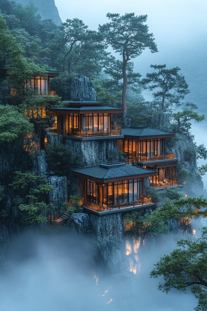 Modern Chinese-Style Houses on Rocky Islets AI Artwork 2