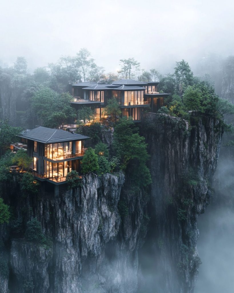 Modern Chinese-Style Houses on Rocky Islets AI Artwork 3