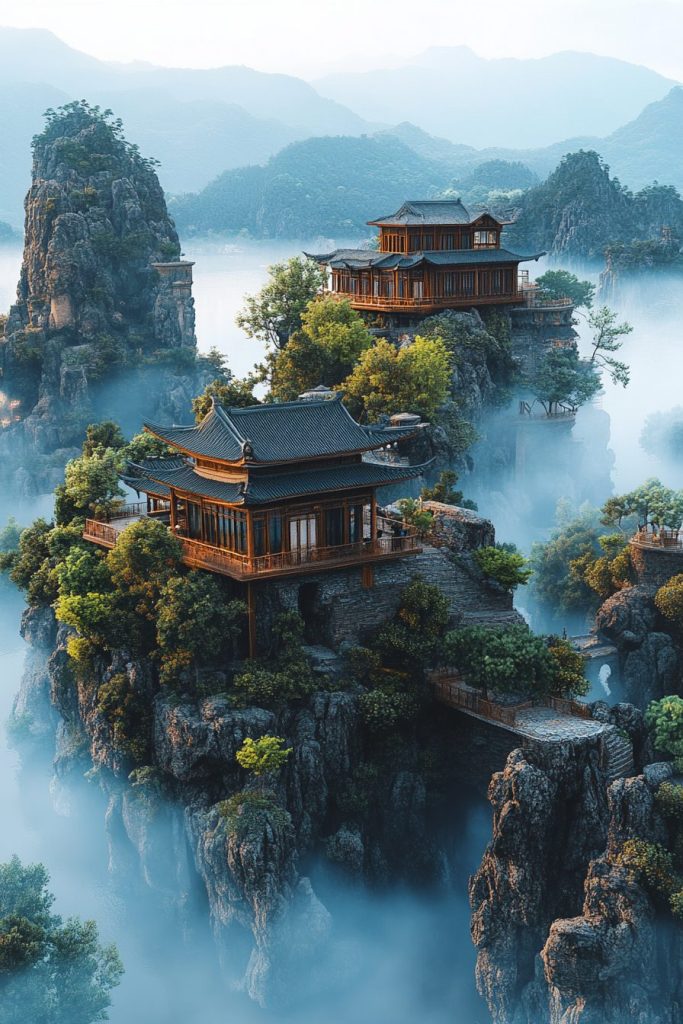 Modern Chinese-Style Houses on Rocky Islets AI Artwork 4