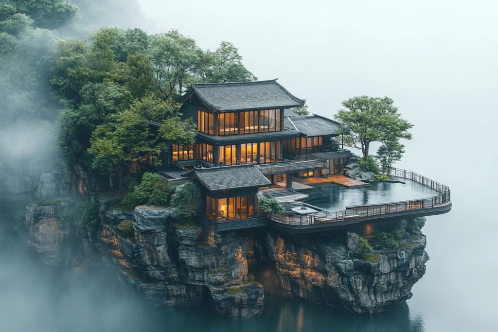 Modern Chinese-Style Houses on Rocky Islets AI Artwork 9