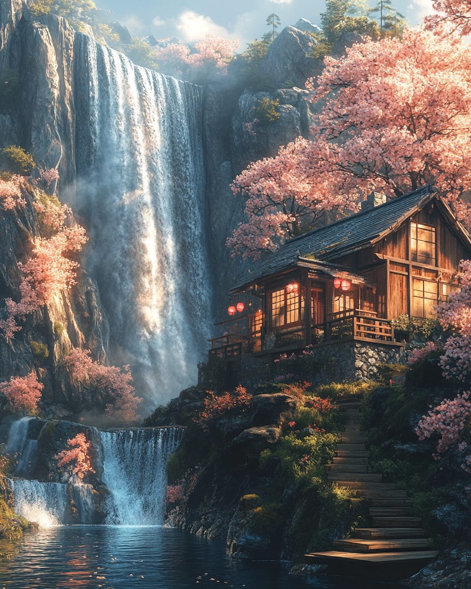 Rustic Houses near Waterfalls in Japan