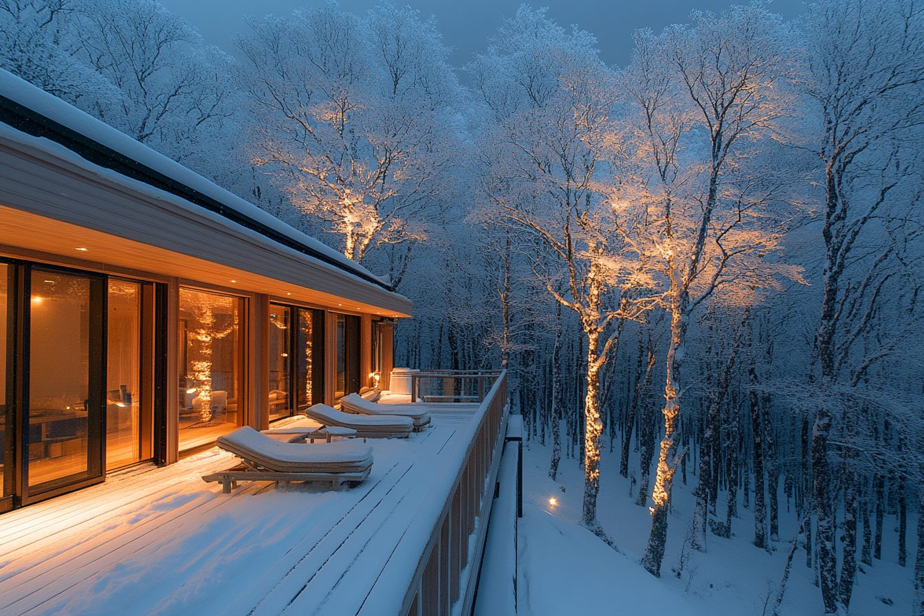 Traditional Japanese-Style House Balcony with a Snow-Covered View