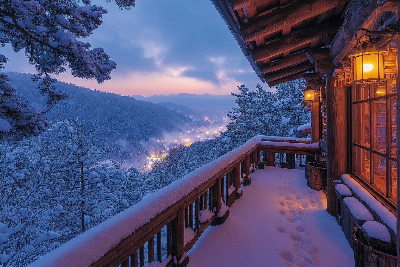 Traditional Japanese-Style House Balcony with a Snow-Covered View