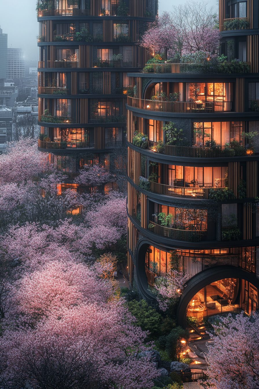 Bamboo Apartment Buildings with Cherry Blossom Trees