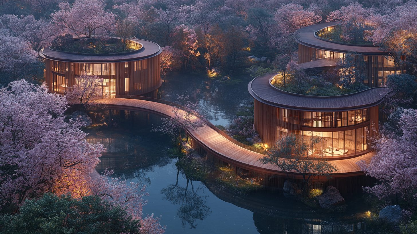 Bamboo Apartment Buildings with Cherry Blossom Trees