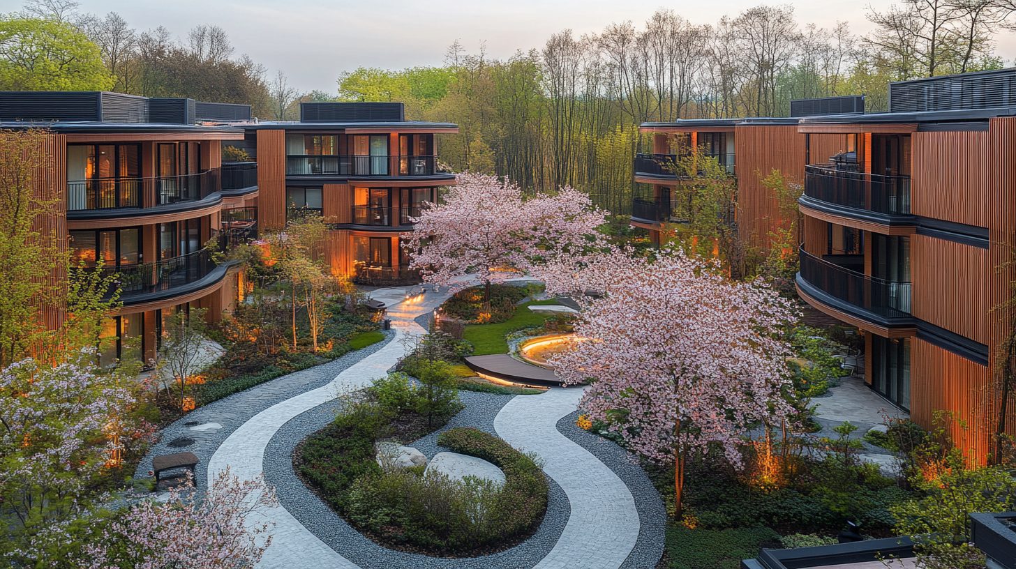 Image showcasing Bamboo Apartment Buildings with Cherry Blossom Trees
