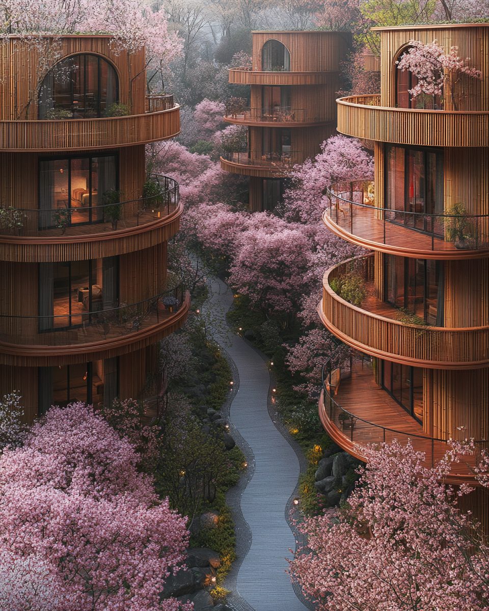 Bamboo Apartment Buildings with Cherry Blossom Trees - Bamboo Apartment Building Construction