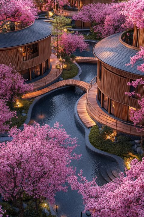 Bamboo Apartment Buildings with Cherry Blossom Trees
