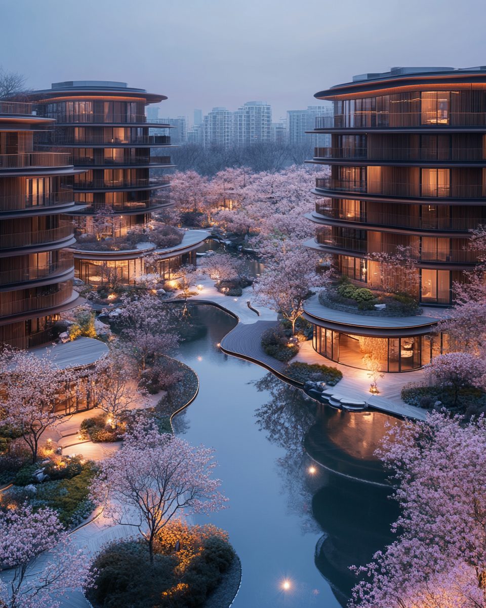 Photo inspiration: Bamboo Apartment Buildings With Cherry Blossom Trees Photo Inspiration