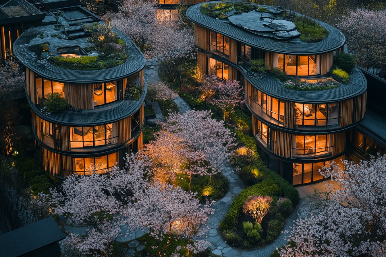 Picture of Bamboo Apartment Buildings with Cherry Blossom Trees