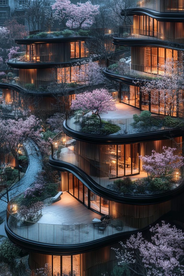 Bamboo Apartment Buildings with Cherry Blossom Trees
