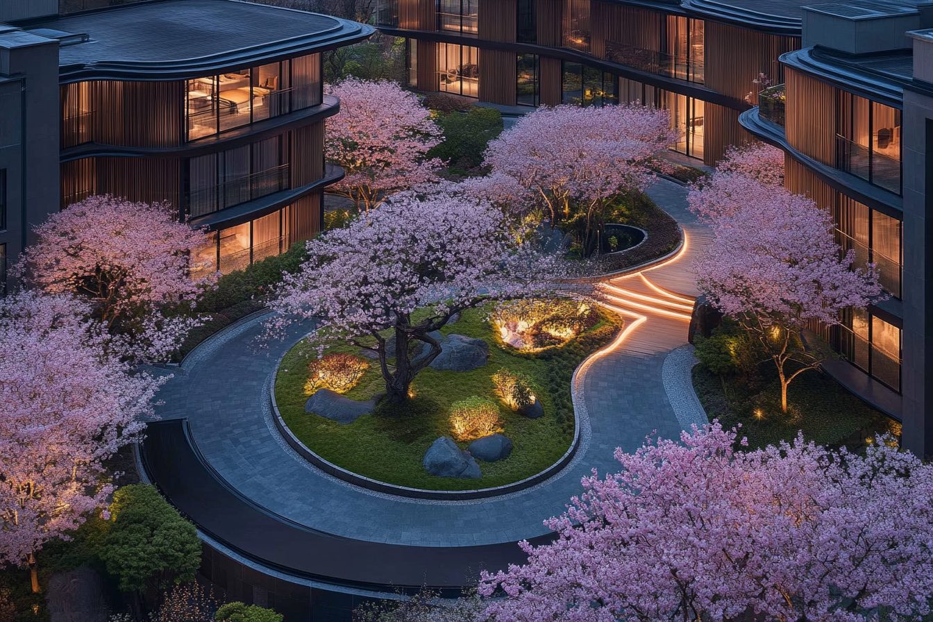 Bamboo Apartment Buildings with Cherry Blossom Trees