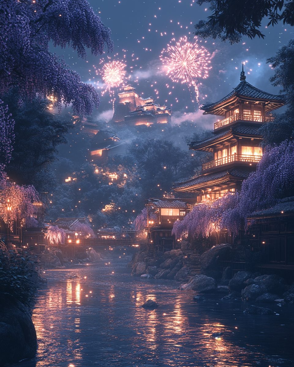 Fireworks Above an Old Town in Japan