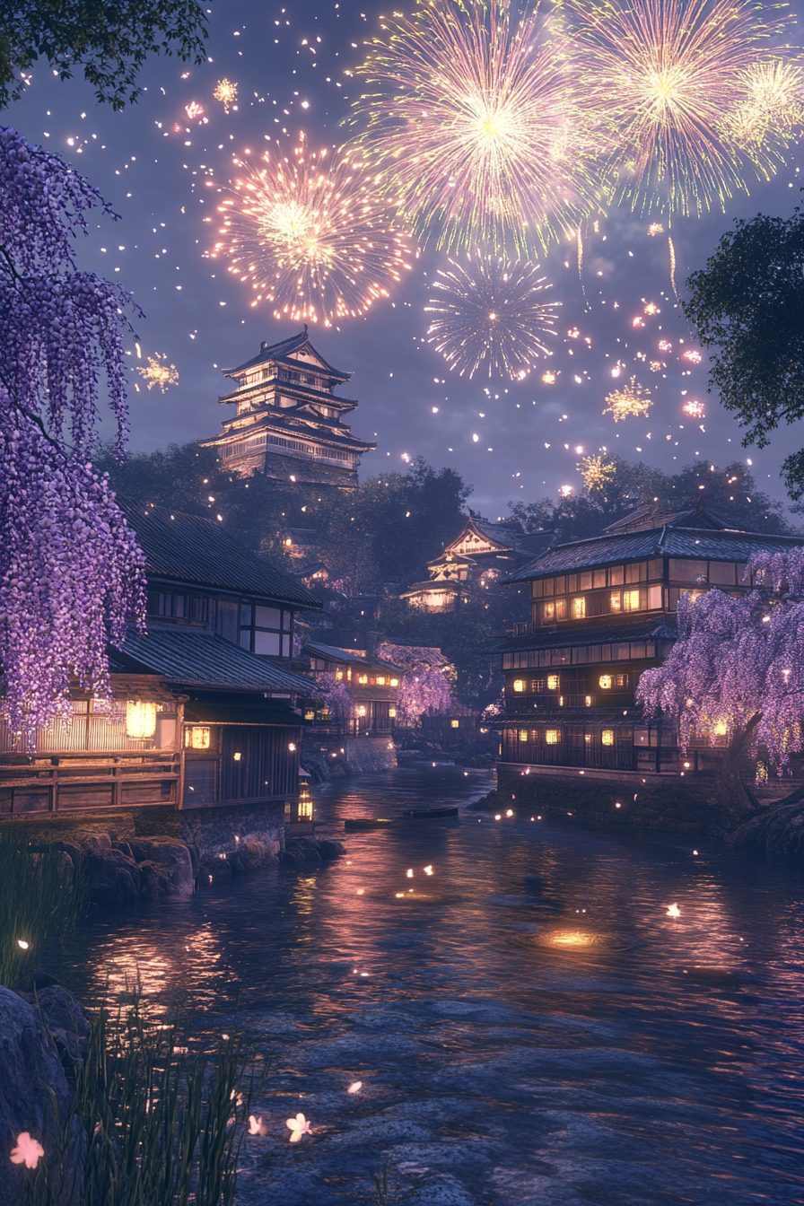 Fireworks Above an Old Town in Japan
