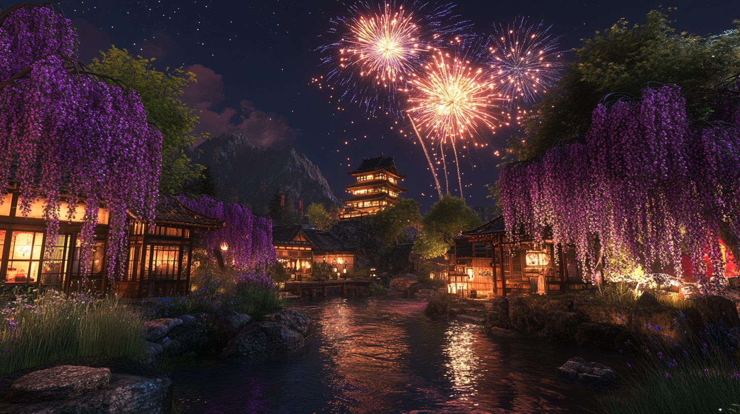 Fireworks Above an Old Town in Japan