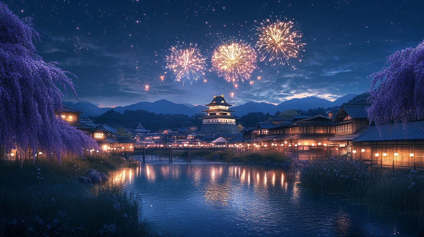 Fireworks Above an Old Town in Japan