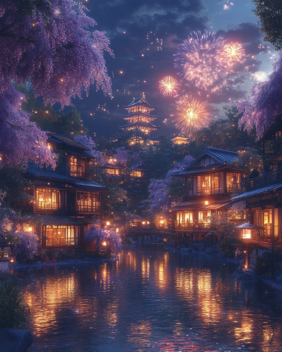 Fireworks Above an Old Town in Japan