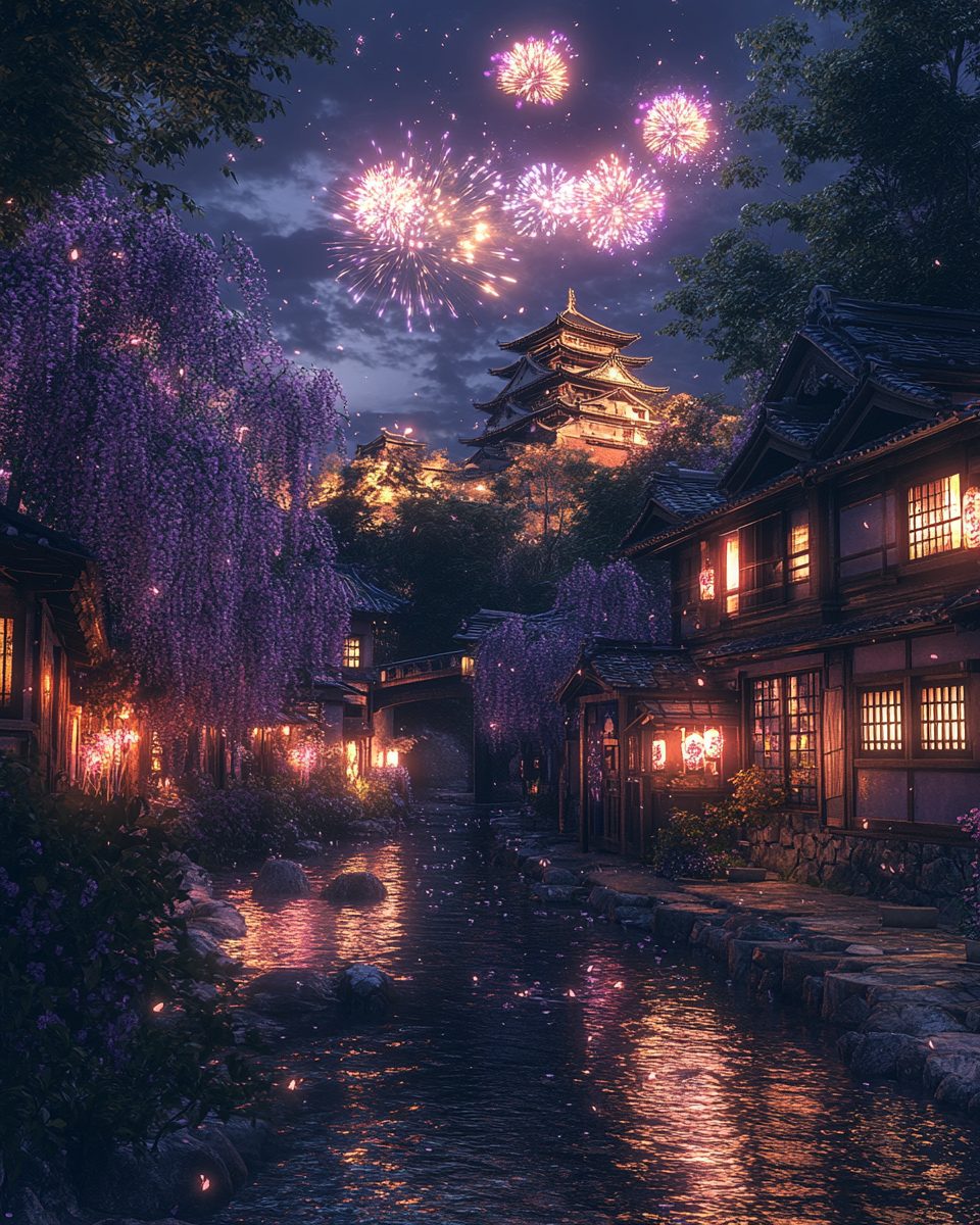 Fireworks Above an Old Town in Japan