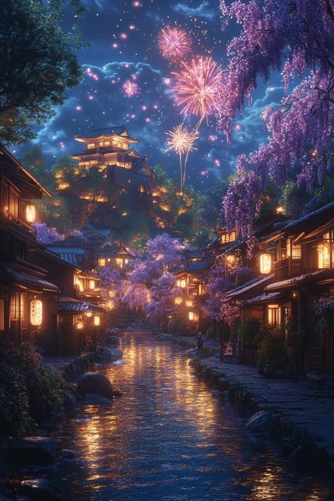 Fireworks Above an Old Town in Japan