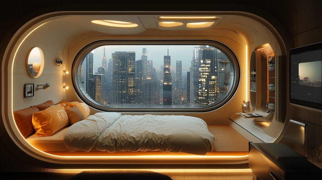 Futuristic Bedroom Interiors with a City View AI Artwork 12