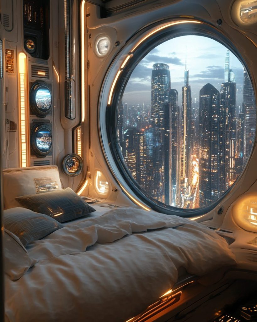 Futuristic Bedroom Interiors with a City View AI Artwork 2