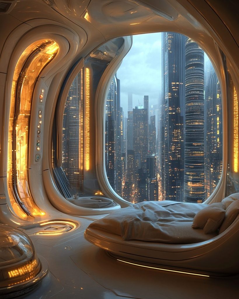 Futuristic Bedroom Interiors with a City View AI Artwork 3