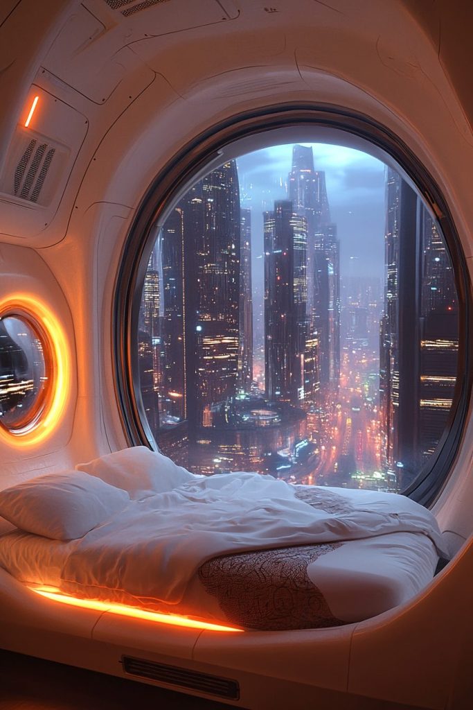 Futuristic Bedroom Interiors with a City View AI Artwork 4