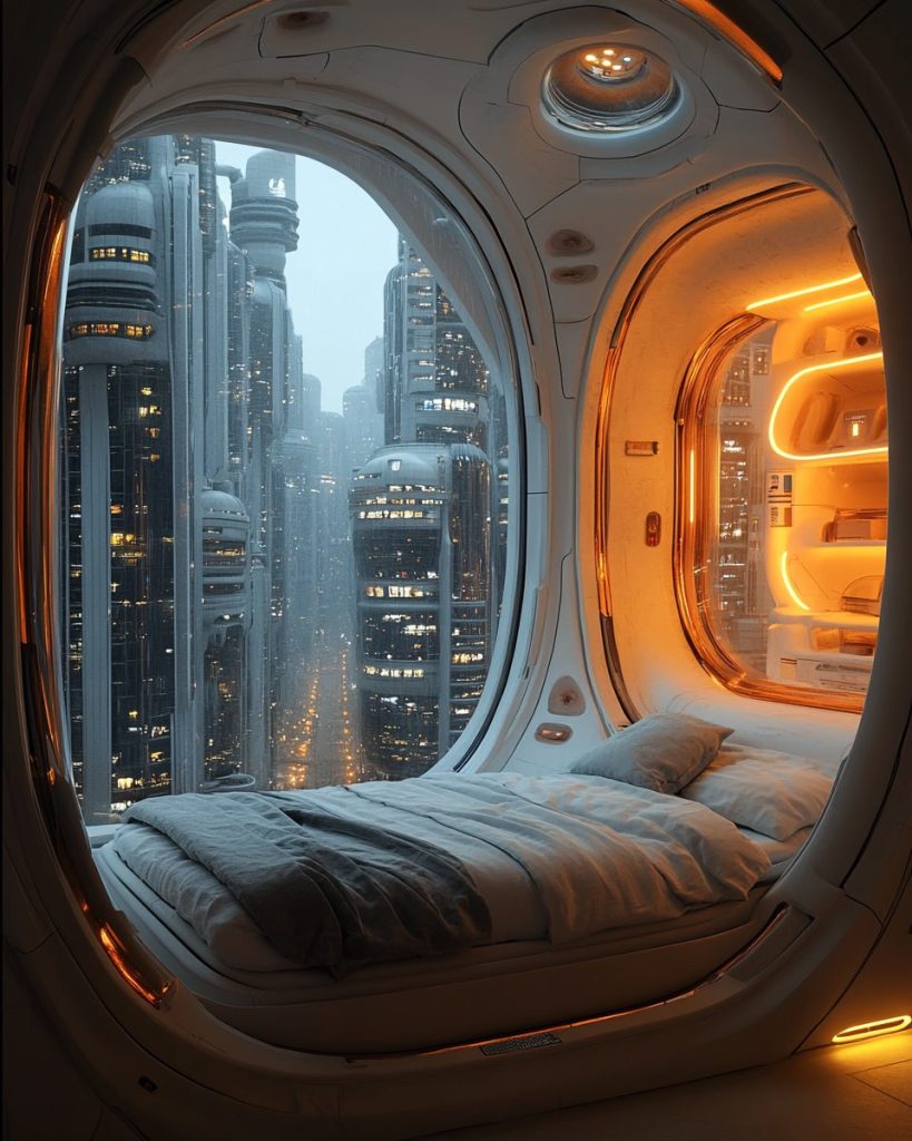 Futuristic Bedroom Interiors with a City View AI Artwork 5