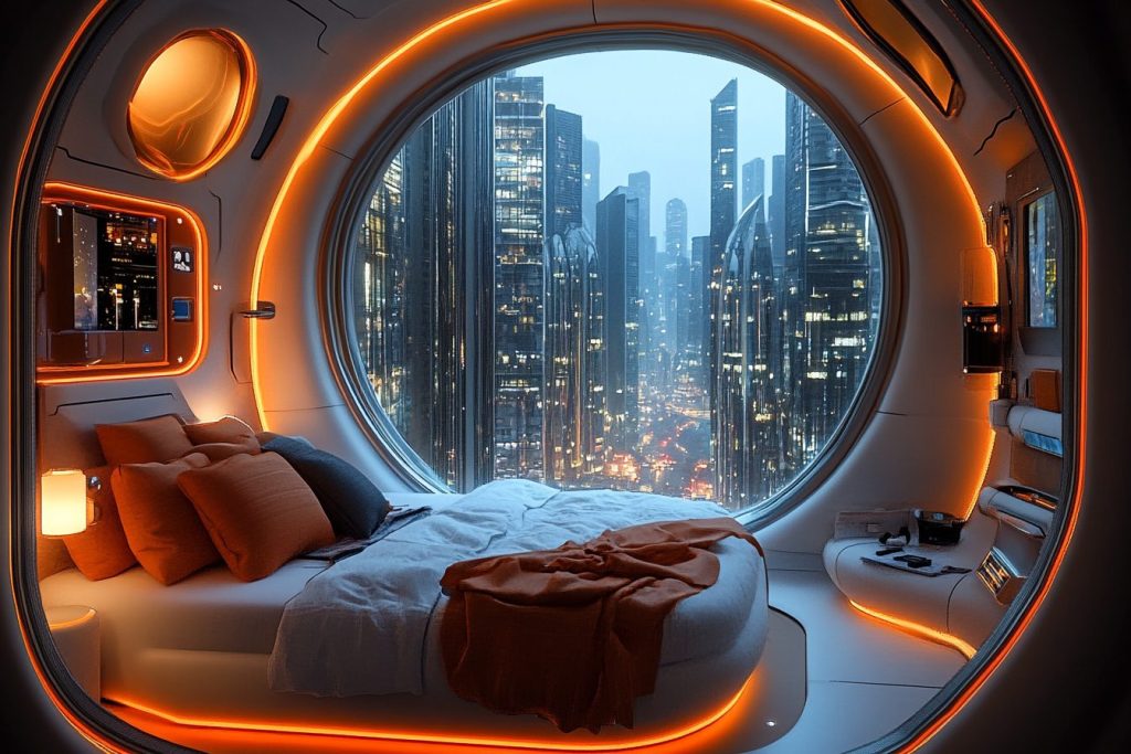Futuristic Bedroom Interiors with a City View AI Artwork 6