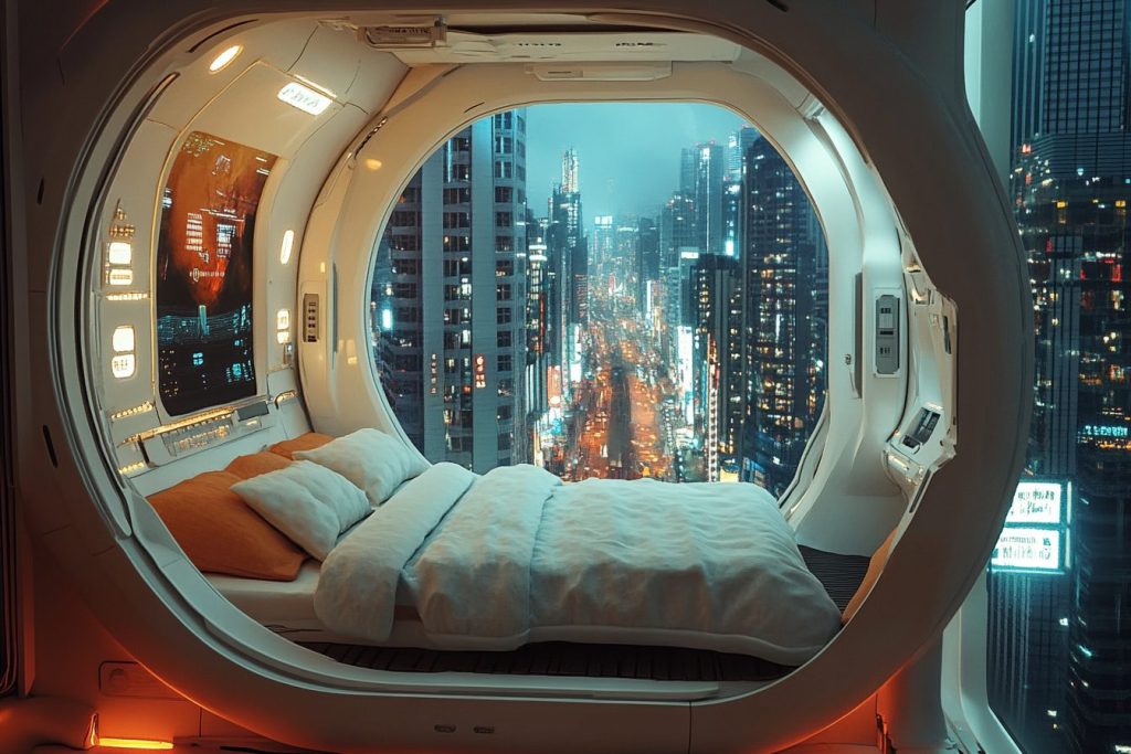 Futuristic Bedroom Interiors with a City View AI Artwork 7